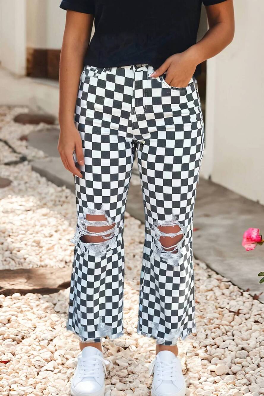 NEW LITTLE DAISY CLOSET distressed holes raw edge cropped jeans in plaid & check